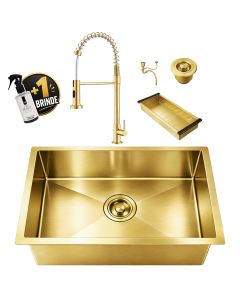 Kit Cuba Gourmet 50x40 de Cozinha e Torneira Monocomando Retr&aacute;til Luxo Dourada A&ccedil;o Inox 304 Brinovar