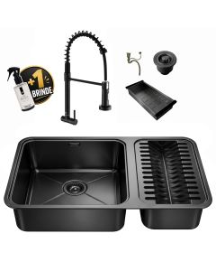 Kit Cuba Dupla Gourmet com Escorredor 64x40 e Torneira Retr&aacute;til Luxo Preta A&ccedil;o Inox 304 Brinovar