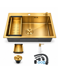 Cuba Gourmet Quadrada 50x40 Cozinha Com Dispenser e Cesto Dourada Aço Inox 304