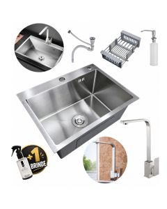 Kit Cuba Gourmet 60x45 de Cozinha Completa Com Acess&oacute;rios e Torneira Monocomando Slim Em L Prata A&ccedil;o Inox Brinovar